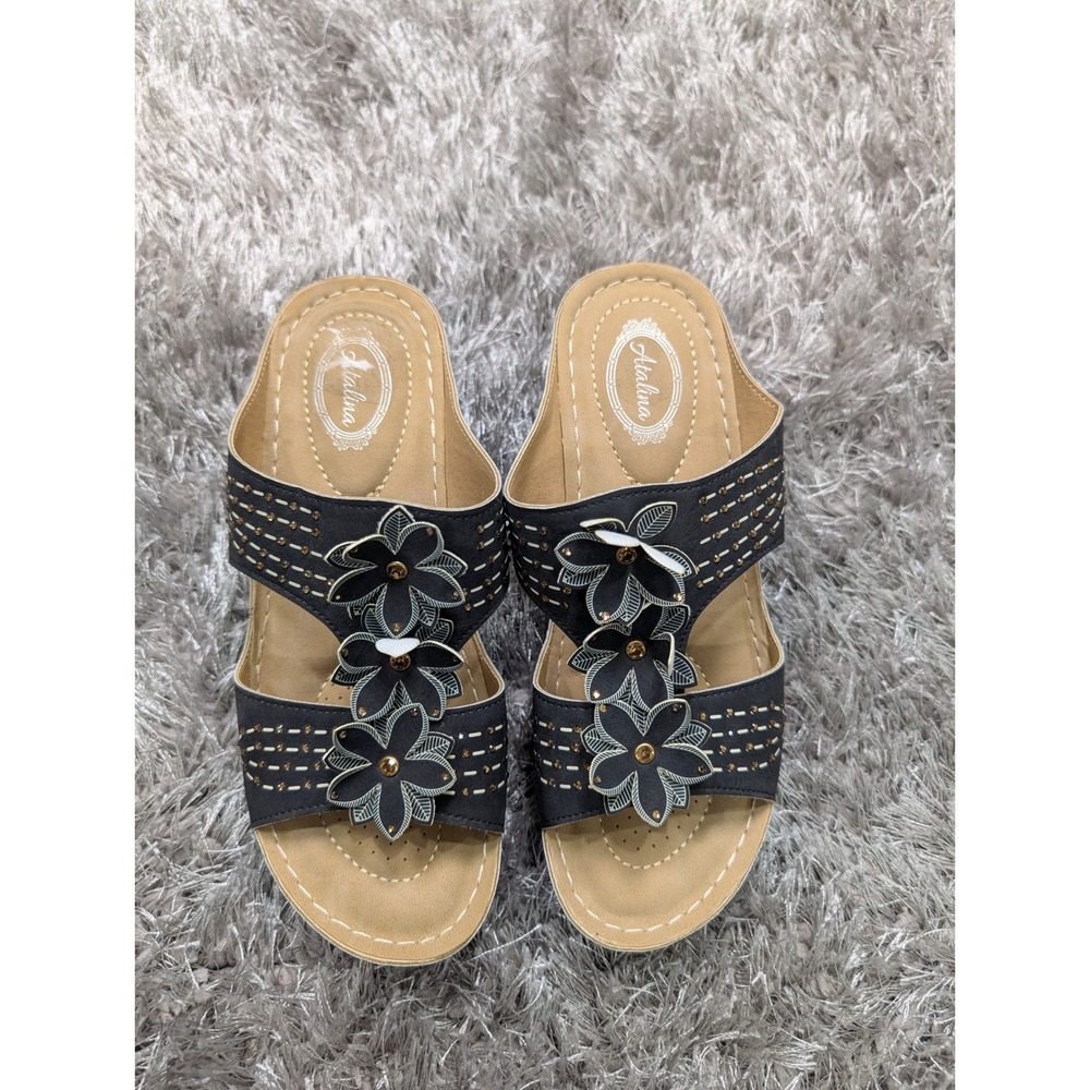 Atalina Womens Floral Wedge Sandals Black Slide On Open Toe Comfort Shoes Size 8